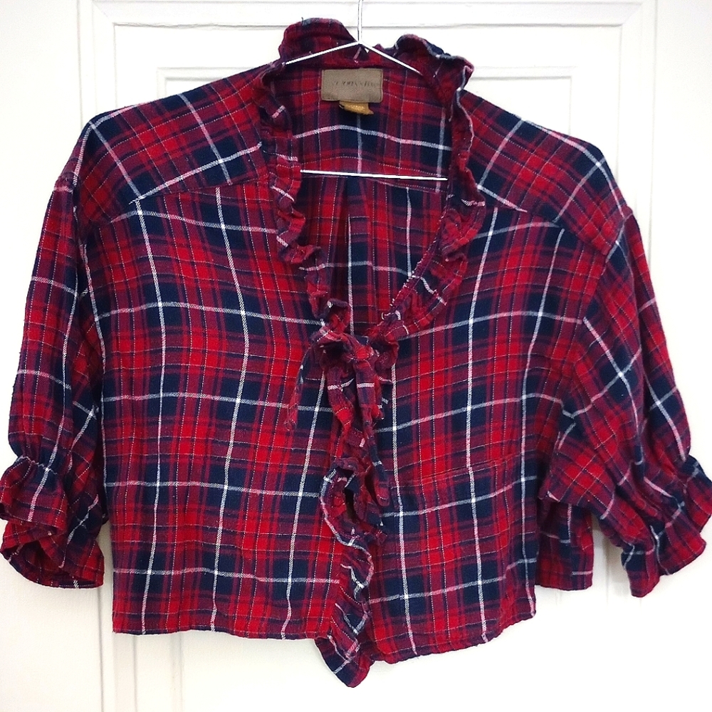 Urban Outfitters Recycled Ruffle Flannel Tie Front Blouse